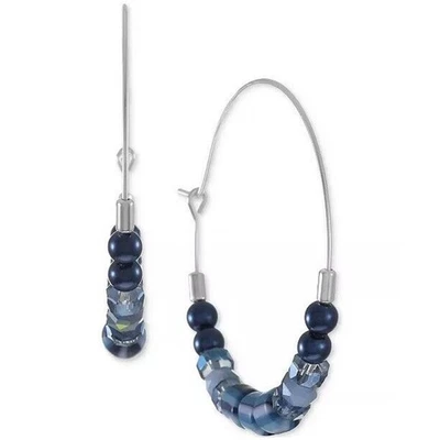 Silver Tone Beaded Hoop Earrings Style Fashion Everyday Wear Trendy Elegant NEW - Image 1 of 4