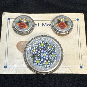 Vtg Italian micro mosaic jewelry set brooch, & earrings alpaca, silver Floral - Picture 1 of 4