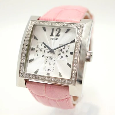 Reloj Guess X Elle Tono Plata Cuadrado Fecha 38mm Y2K Gema Bisel Cuero Rosa Foto 1 de 4