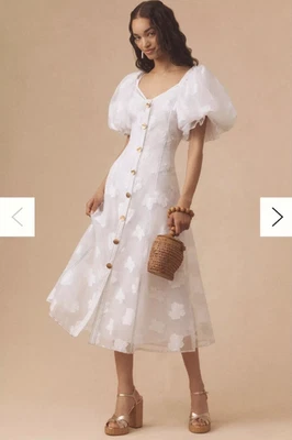 Anthropologie Let Me Be White Midi Dress Sheer Puff Sleeve Floral SZ L NWT - Image 1 of 4