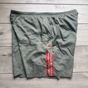 Vintage Y2K Adidas Green Olive Red 3 Striped Shorts Size 40 44 Baggy Nylon EUC - Picture 1 of 8