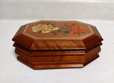 VINTAGE WOODEN OCTAGON JEWELRY BOX CHEST W/ MIRROR YELLOW & RED PAINTED FLOWERS