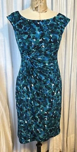 Connected Womens Blue Teal Turquoise Print Jersey Sleeveless Dress Sz 4 Used - Picture 1 of 10