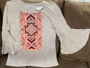 JUSTICE TOP SZ 20 BEIGE AZTEC FLOWY SLEEVES SUPER CUTE!! - Picture 1 of 2