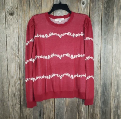 NUEVO Suéter Loft S Para Mujer Rosa Floral Rayas Manga Abullonada  Foto 1 de 4