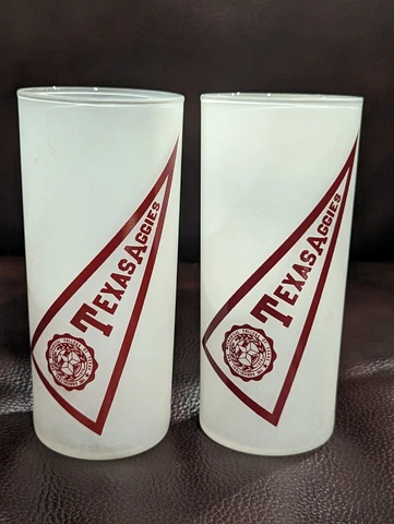 Vintage Texas A & M Aggies Pennant Frosted Drinking Glass Tumbler - 2 Cover