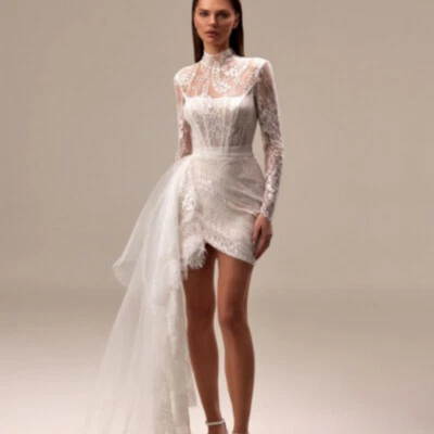 High Neck Long Sleeves Button Back Tulle Lace Short Sheath Wedding Dress Custom - Image 1 of 4