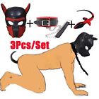 Bondage Dog Hood Mask Pet Role Play Party Headgear Neck Collar Tail Plug Cosplay