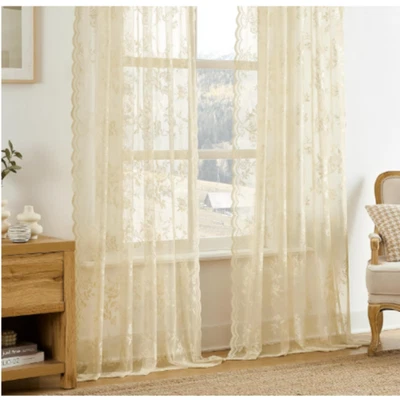 Par de Cortinas de Encaje Blanco Beige Floral Paneles de Cortina 56 x 65 Victoriano Foto 1 de 4