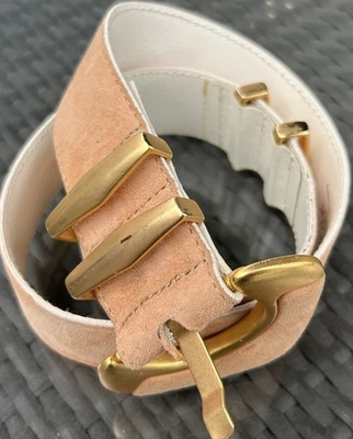 Vtg Escada Suede Belt Taupe Brushed Gold Buckle & Accents Sz 42 Germany - Image 1 of 4