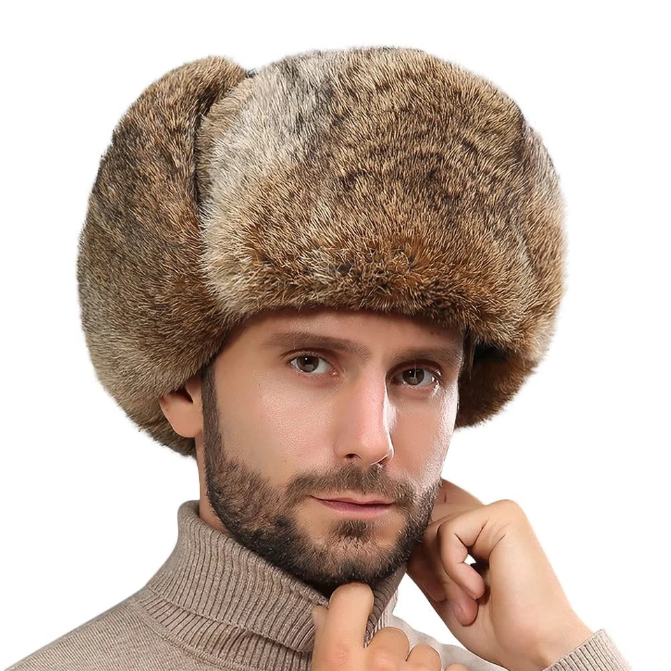 Homme Chapka Russe en Fausse Fourrure Chapeau Trappeur Hiver Chaud Bonnet Avi... - Photo 1/4