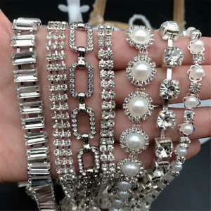 1Yard Rhinestone Chain Pearl Crystal Trim DIY Sewing Craft Wedding Dress Costume - Picture 1 of 22