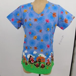 UA Scrubs Women Turkey Time Scrub Top Shirt Short Sleeve Thanksgiving Size XS - Picture 1 of 10