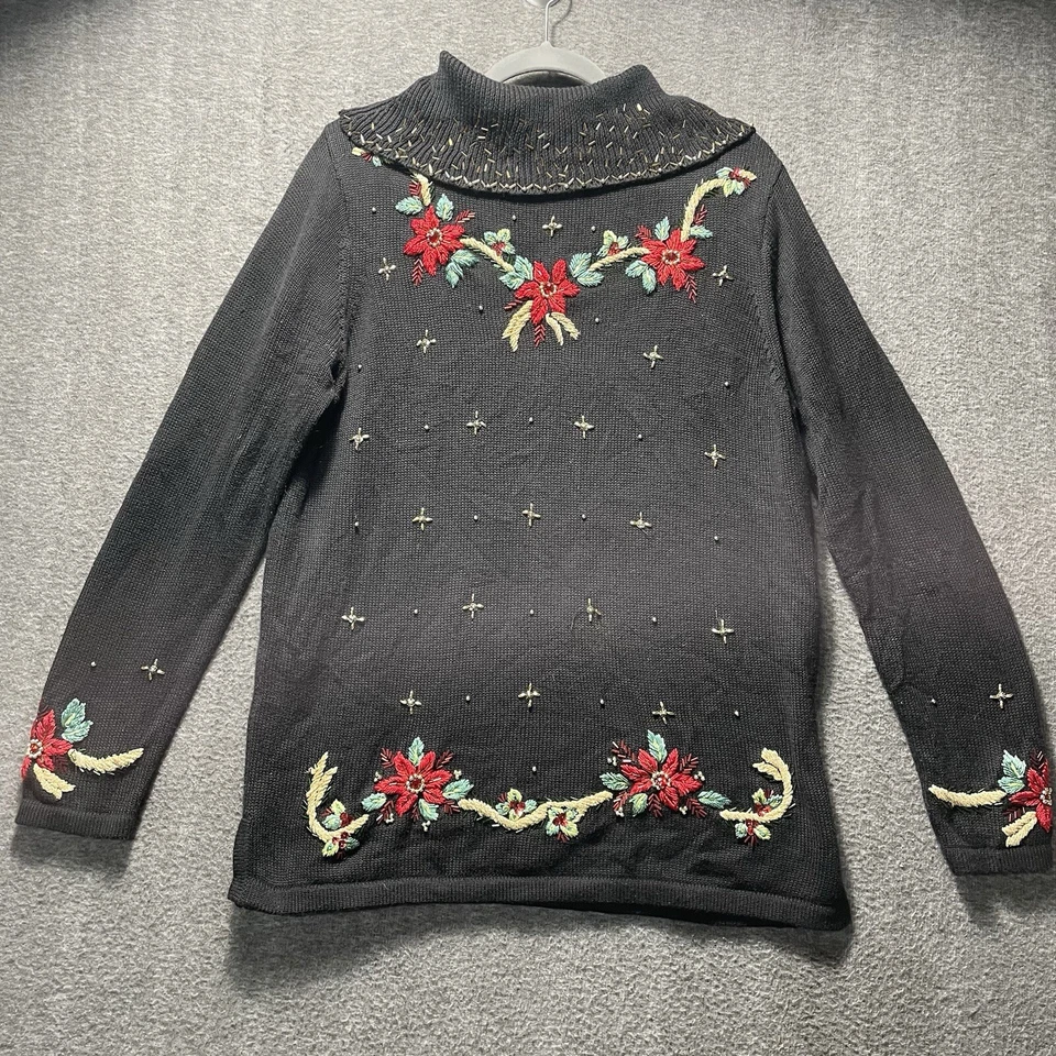 Theme Works by Kikit Christmas Black Turtleneck Sequin Red Poinsettias Size PL - Image 1 of 4