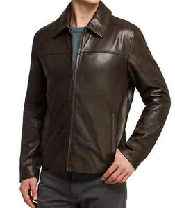 Men's Genuine Lambskin Leather Jacket Classic Brown Basic Moto Biker Jacket Coat - Picture 1 of 4