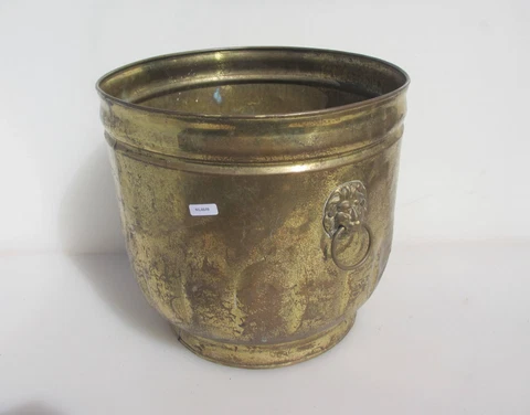 Large Vintage Brass Planter Plant Pot Old Trough Tub Lion Handles Coal Log 12"W Cover