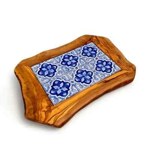 Elegant Ceramic Olive Wood Serving Tray with Handles: Decorative Blue Pottery UK - Picture 1 of 2