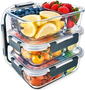 Igluu Glas Lebensmittel Aufbewahrung Behälter 3 Fächer Mahlzeit Vorbereitung Mikrowellengeeignet [3 Stück] - Bild 1 von 12