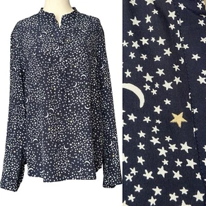 Stella McCartney Moon & Stars Print Silk Blouse Size 8 42 Navy Blue Long Sleeve - Picture 1 of 20