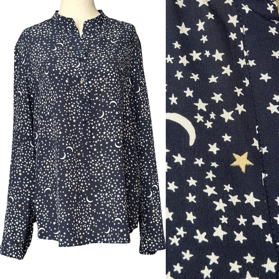 Blusa de seda con estampado de luna y estrellas Stella McCartney talla 8 42 azul marino manga larga Foto 1 de 4