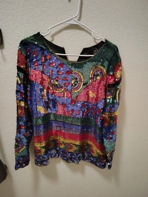 Blusa formal vintage años 80 Jean para Joseph Le Bon lentejuelas seda talla M azul + dorado Foto 1 de 4