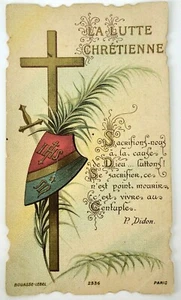 Fight Holy Prayer Card Christian Religious Shield & Sword FRANCE Vtg Antique GOD - Picture 1 of 3