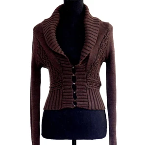 FREE PEOPLE Womens Brown Cable Knit V-Neck Button Up Cardigan Sweater Size Smalì - Picture 1 of 11