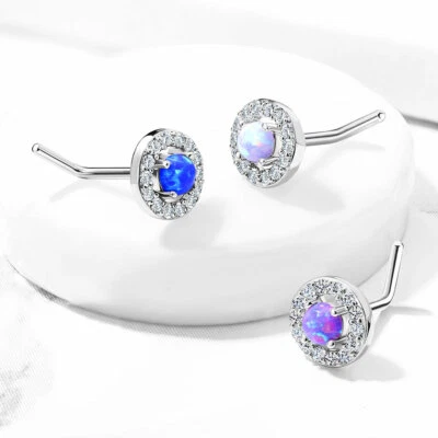 Dome Opal CZ Paved Circle 316L Surgical Steel L Bend Nose Stud Rings 20G  - Image 1 of 4