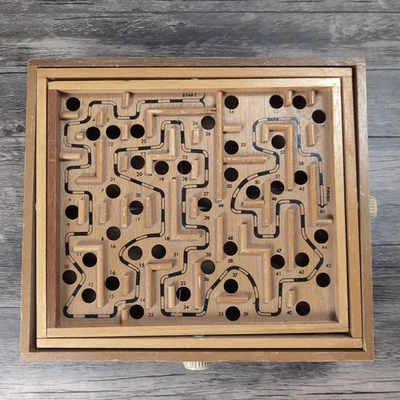 Vtg 1960s Marble Labyrinth Wood Tilt Maze 2 Knob Game Missing Ball 13x11.5" - Image 1 of 4