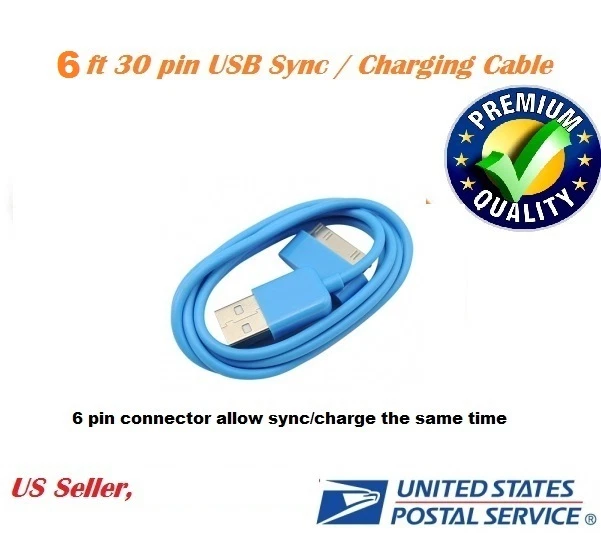 Cable cargador de carga de datos de sincronización de 30 pines a USB azul de 6 pies para iPad 1 2 3 iPhone4 Foto 1 de 4
