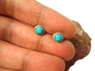 Round Blue TURQUOISE Sterling Silver 925 Gemstone Stud Earrings - 5 mm - Image 1 of 4