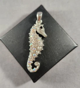 Seahorse Pendant Silver Crystals Nautical 1.5 inches - Picture 1 of 4