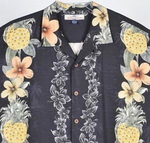 Tommy Bahama Hawaiian Aloha Silk S/S Shirt Mens L Pineapples Hibiscus Black - Picture 1 of 7