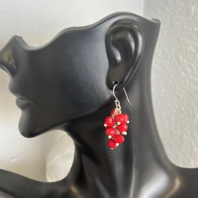 ❤️ Pendientes de gancho colgantes de cuarzo simulado cereza roja de plata de ley Foto 1 de 4