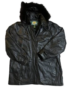 Vintage CABELAS Leather Lambskin Womens XL Black Coyote Fur Hood - Picture 1 of 7
