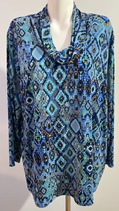 Susan Graver Damen blau abstrakter Druck 2X Top Shirt Tunika Wasserfallausschnitt flüssiger Strick - Bild 1 von 5