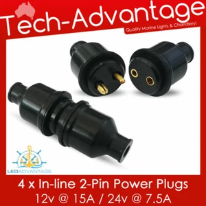 4 X 12V 24V BLACK RUBBER CAP INLINE 2-PIN POWER PLUG & SOCKET - BOAT/CARAVAN - Picture 1 of 4