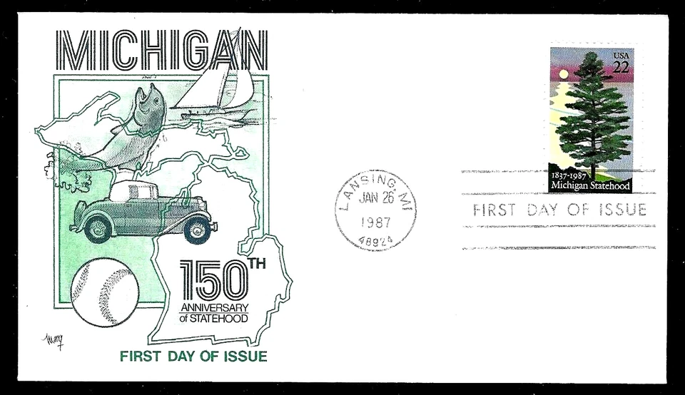 2246 22c Stamp (1987) THE MICHIGAN STATE 150 FDC BY THE MARG CACHETS !!! - Image 1 of 1