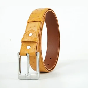 40in Yellow Ostrich Body Leather Dress Belt for Men Women Handmade Pin Buckle - Picture 1 of 10