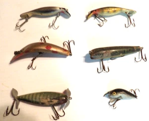 (6) Vintage 1950s Wooden Fishing lures Homer Le Blanc Heddon Creek Chub - Picture 1 of 7