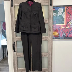 Anne Klein Womens 2 PC Black Pant Suit Size 10 Belted Blazer & Pants - Picture 1 of 14