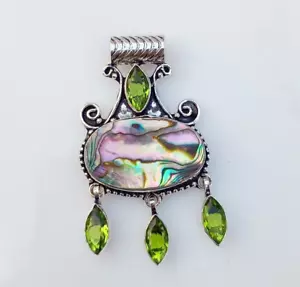 Green Peridot Abalone Pendant 925 Sterling Silver Handmade Gemstone Jewelry Gift - Picture 1 of 7