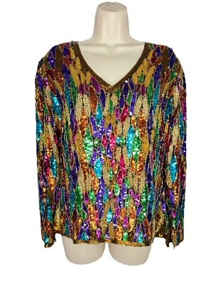 Top Niteline Vintage Pesado Multicolor Arco Iris Cuentas Cuello en V Lentejuelas Talla 8 Foto 1 de 4