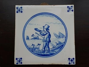Antique DELFT DUTCH Blue White Glazed TILE Shepherd Blowing Horn - Picture 1 of 12