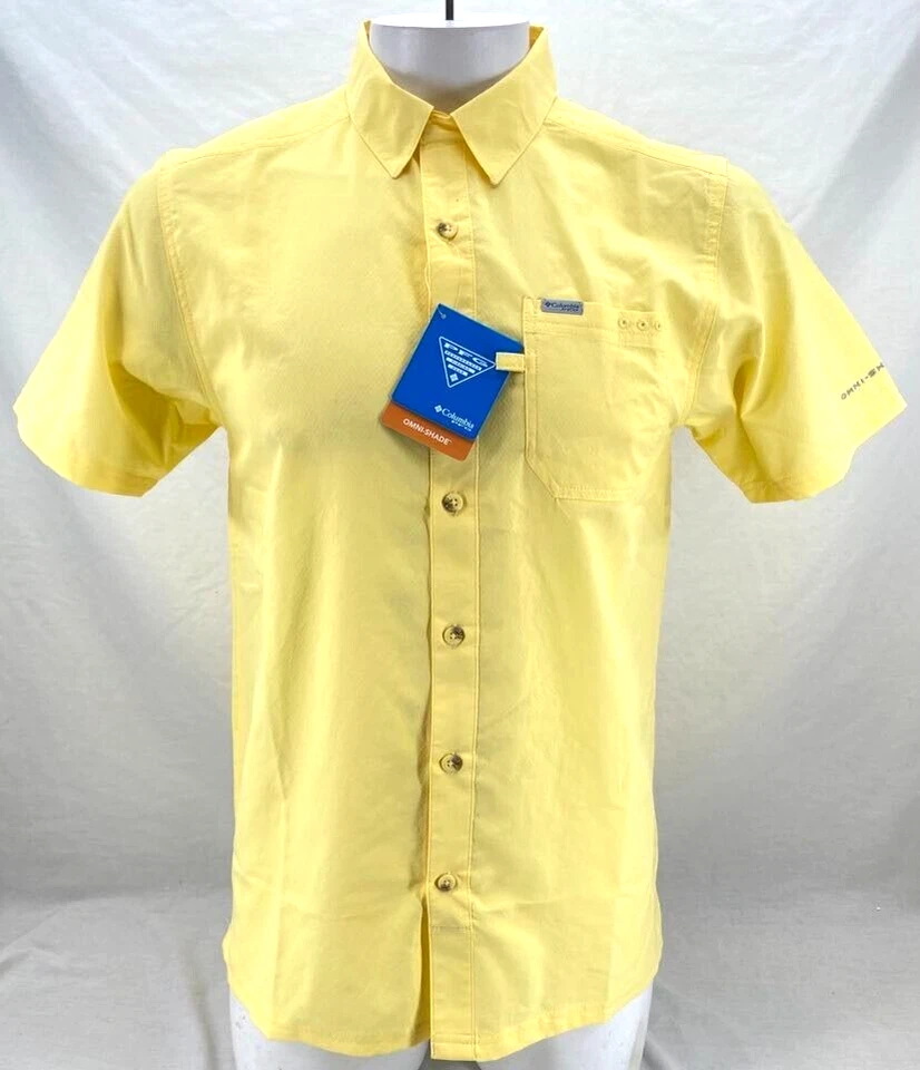 全新 Columbia Slack Tide Camp 短袖 PFG 黄色 SS 纽扣衬衫 男式 L — 第 1/4 张图片