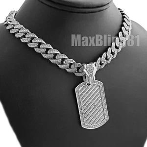 Icy Dog Tag Pendant & 12mm 16" 18" 20" 24" Iced Cuban Box Lock Chain Necklace - Picture 1 of 19