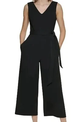 Calvin Klein Jumpsuit Womens Size 4 Black V Neck Cropped Tie Sleeveless NWT - Image 1 of 4