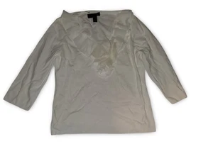 Weißes geripptes Rippstrick-Popeline-Top mit Rüschen für Damen mit Zopfmuster & Guage. Größe Xl - Bild 1 von 8