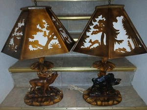 Vintage Germany Black Forest Hand Carved Elk & Boar(2)Lamps Read Description - Picture 1 of 23