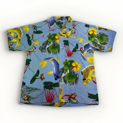 Koman 运动夏威夷纽扣衬衫男式 XL 码短袖领蓝色鱼 — 第 1/4 张图片